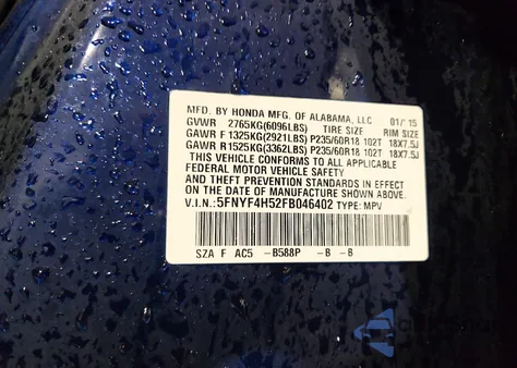 2015 Honda Pilot Exl z USA, uszkodzony, nr VIN 5FNYF4H52FB046402